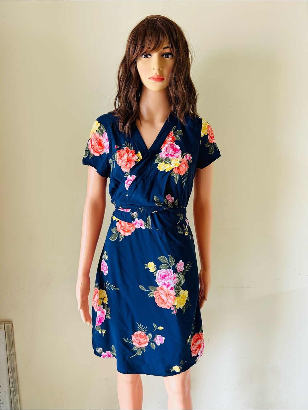 Old navy Floral Wrap-Front Navy Dress with Pink & Yellow Blooms